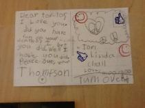 A post card sent to Tori from Thompson right before her trip to AZ